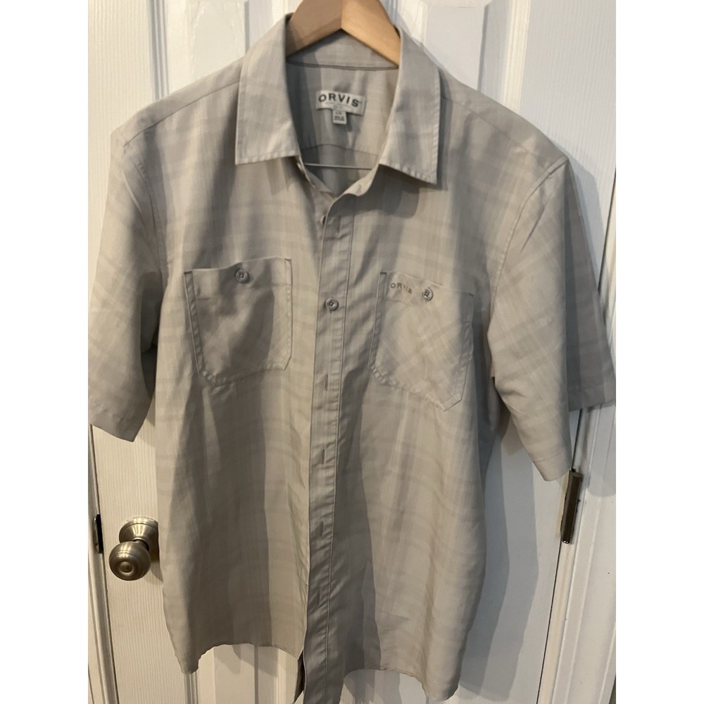 Orvis Classic Collection Mens L Grey Plaid Short Sleeve Button Down Shirt Pocket